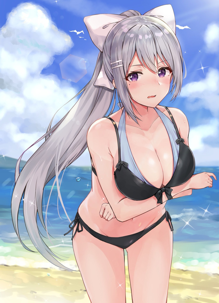 1girl bangs beach bikini black_bikini blue_sky blush bow breasts cleavage cloud collarbone crossed_arms day embarrassed front-tie_bikini front-tie_top groin hair_bow hair_ornament hairclip highres higuchi_kaede horizon large_breasts layered_bikini leaning_forward lens_flare long_hair looking_at_viewer mole mole_under_eye navel nijisanji ocean open_mouth outdoors ponytail purple_eyes racchi. sand side-tie_bikini silver_hair sky solo sparkle sunlight swimsuit very_long_hair virtual_youtuber water wavy_mouth