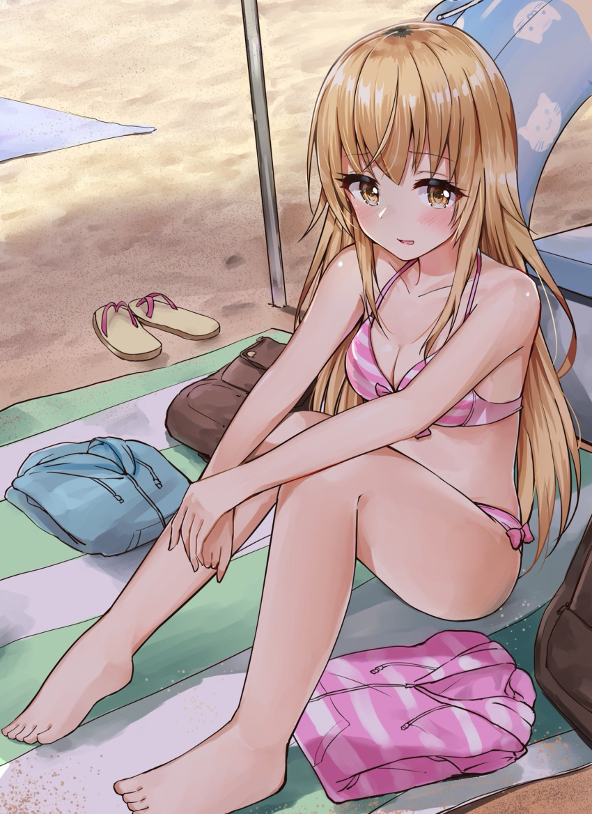 1girl animal_print bare_arms bare_legs bare_shoulders barefoot beach beach_mat bikini blonde_hair blush breasts brown_eyes cat_print cleavage collarbone day drawstring flip-flops footwear_removed from_above front-tie_bikini front-tie_top halter_top halterneck highres hood hooded_jacket ienaga_mugi jacket jacket_removed knees_up long_hair looking_at_viewer nijisanji outdoors parted_lips pink_bikini racchi. sandals shade sitting small_breasts smile solo striped striped_bikini striped_jacket swimsuit thighs virtual_youtuber