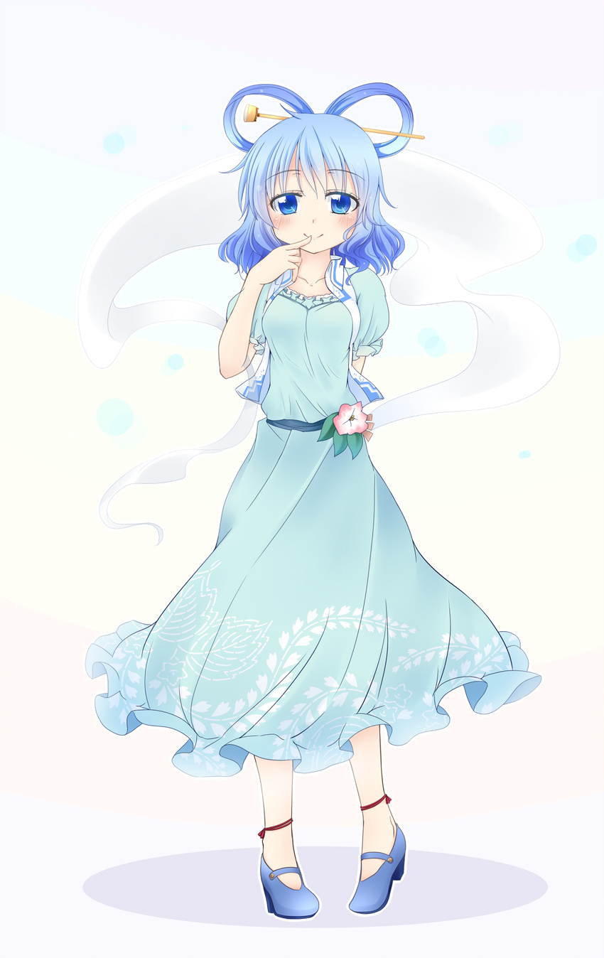 bad_id bad_pixiv_id blue_dress blue_eyes blue_hair blush dress hair_ornament hair_rings hair_stick highres kaku_seiga makino_(ukiuo) shawl short_hair smile solo touhou vest