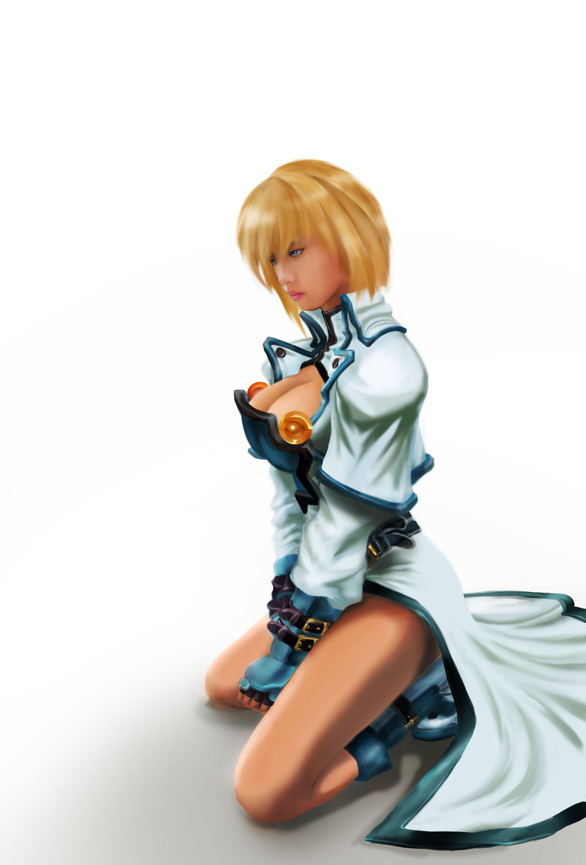 absurdres ankle_strap bangs belt between_legs black_belt blonde_hair blue_eyes blue_footwear boots breasts buckle capelet cleavage cleavage_cutout closed_mouth fingerless_gloves from_side full_body genderswap genderswap_(mtf) gloves guilty_gear hand_between_legs high_collar highres kneeling ky_kiske large_breasts lips lipstick long_sleeves looking_down makeup pink_lipstick rain.corlby realistic robe shadow short_hair simple_background solo thighs turtleneck white_background white_capelet white_robe wrist_straps