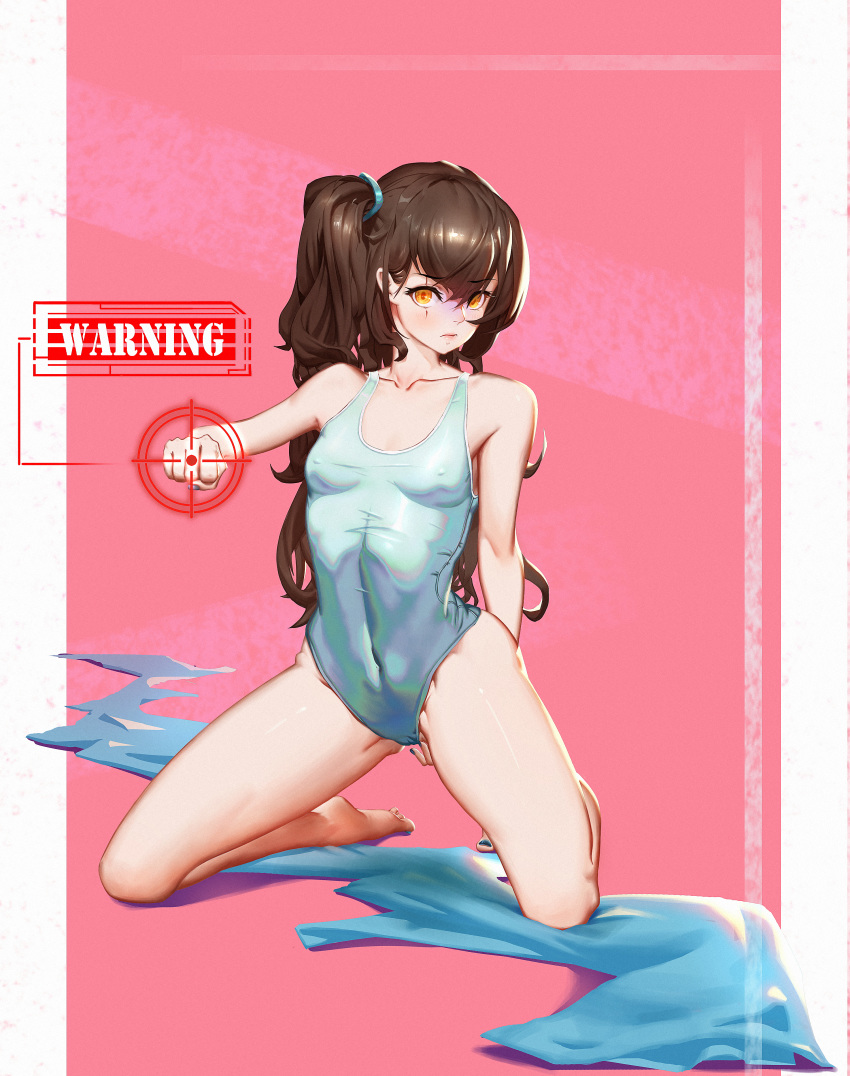 1girl absurdres bangs blue_nails breasts brown_hair clenched_hand closed_mouth commentary_request competition_swimsuit covered_navel erect_nipples fingernails full_body girls_frontline highres kneeling long_hair looking_at_viewer nail_polish one-piece_swimsuit pink_background sign small_breasts solo swimsuit ta03545 ump45_(girls_frontline) warning_sign white_swimsuit yellow_eyes