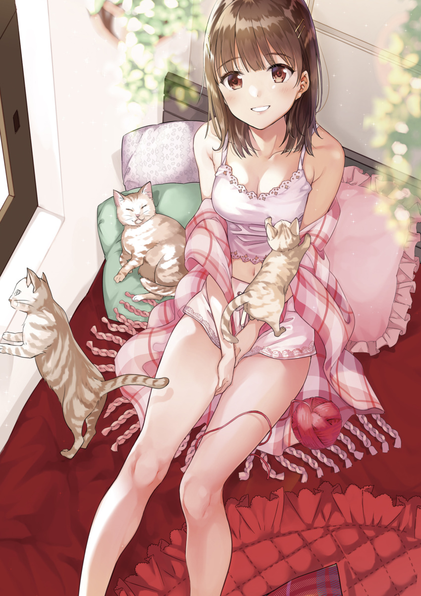 1girl :d absurdres animal bad_id bad_pixiv_id bangs bare_legs bare_shoulders barefoot blunt_bangs blush breasts brown_eyes brown_hair camisole cat cleavage collarbone commentary_request day eyebrows_visible_through_hair feet_out_of_frame hair_ornament hairclip highres indoors long_hair looking_at_viewer matsuzaki_miyuki medium_breasts navel open_mouth original pillow plaid plaid_scarf scarf short_shorts shorts sitting smile solo spaghetti_strap stomach teeth wool