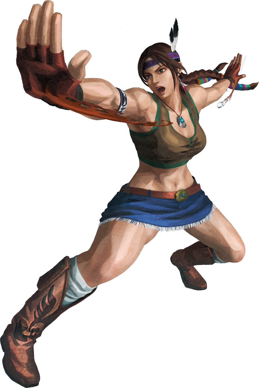 1girl boots denim denim_skirt fingerless_gloves gloves headband highres julia_chang navel simple_background solo street_fighter street_fighter_x_tekken tekken