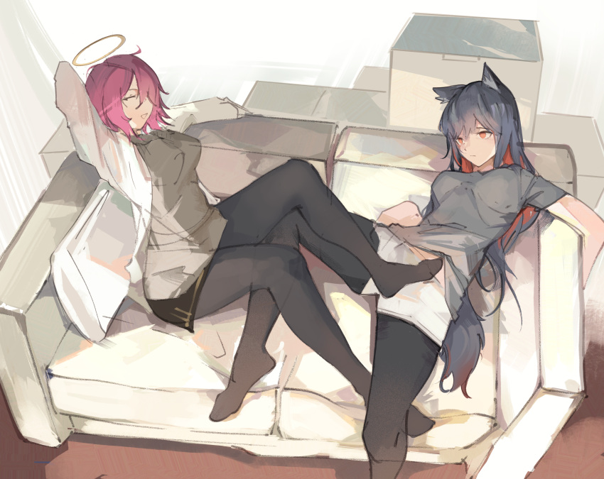 2girls absurdres arknights black_hair black_pantyhose box breasts cardboard_box cmdr_saturn colored_inner_hair couch exusiai_(arknights) grey_shirt halo highres jacket legs long_hair medium_breasts multicolored_hair multiple_girls no_shoes on_couch open_clothes open_jacket orange_eyes pantyhose pantyhose_under_shorts red_hair shirt short_hair shorts sketch stretching texas_(arknights) white_jacket white_shorts