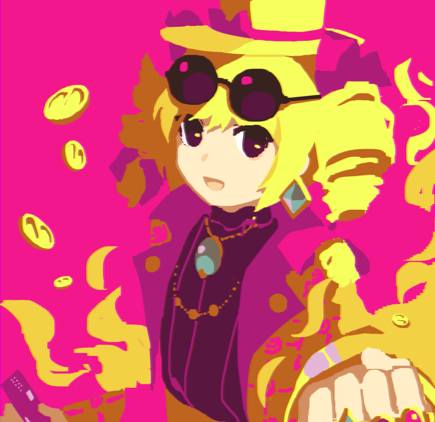 1girl alternate_color blonde_hair coin commentary_request drill_hair earrings eyewear_on_head hat hat_ribbon highres jacket jewelry kaigen_1025 long_sleeves open_clothes open_jacket open_mouth pink_background pink_jacket purple_eyes purple_shirt ribbon shirt simple_background smile sunglasses touhou twin_drills yellow_headwear yorigami_jo'on
