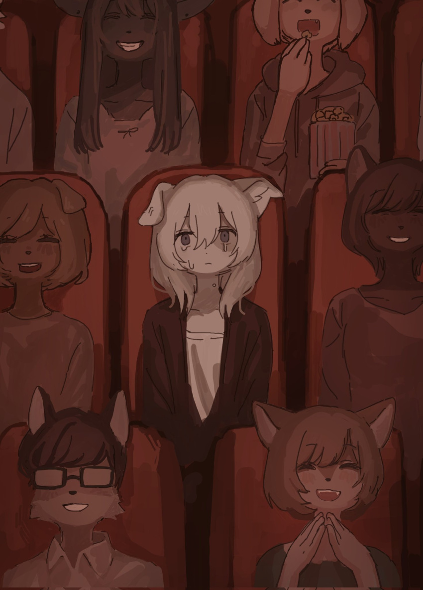 1boy 6+girls ^_^ animal_ears closed_eyes collarbone commentary crying dog_girl eating fang food fox_girl furry furry_female furry_male glasses highres hikousen11 holding holding_food jacket laughing long_hair looking_at_viewer movie_theater multiple_girls original popcorn purple_eyes shirt short_hair sitting smile tears teeth