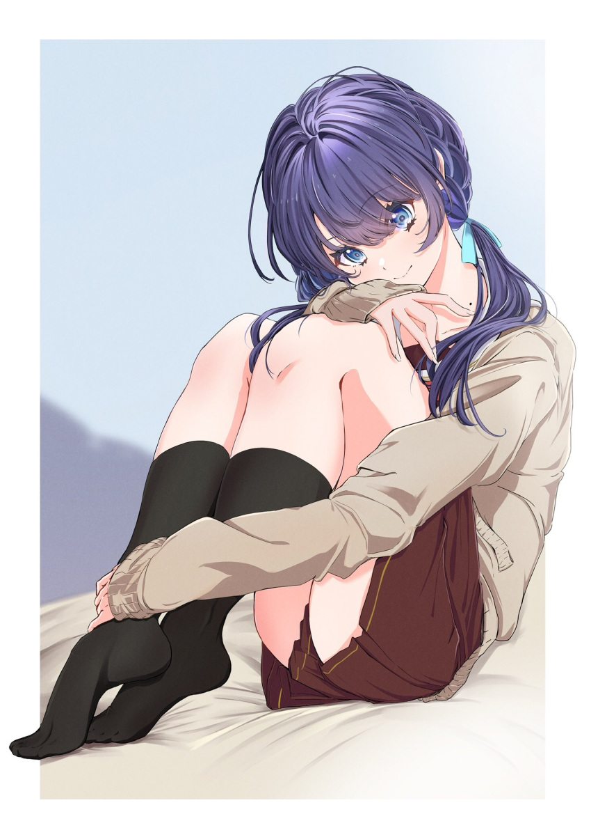 1girl black_socks blue_eyes frontrivers_kae full_body highres hugging_own_legs legs_folded link!_like!_love_live! love_live! low_twintails mole mole_on_neck murano_sayaka school_uniform sitting smile socks solo sweater tagme twintails