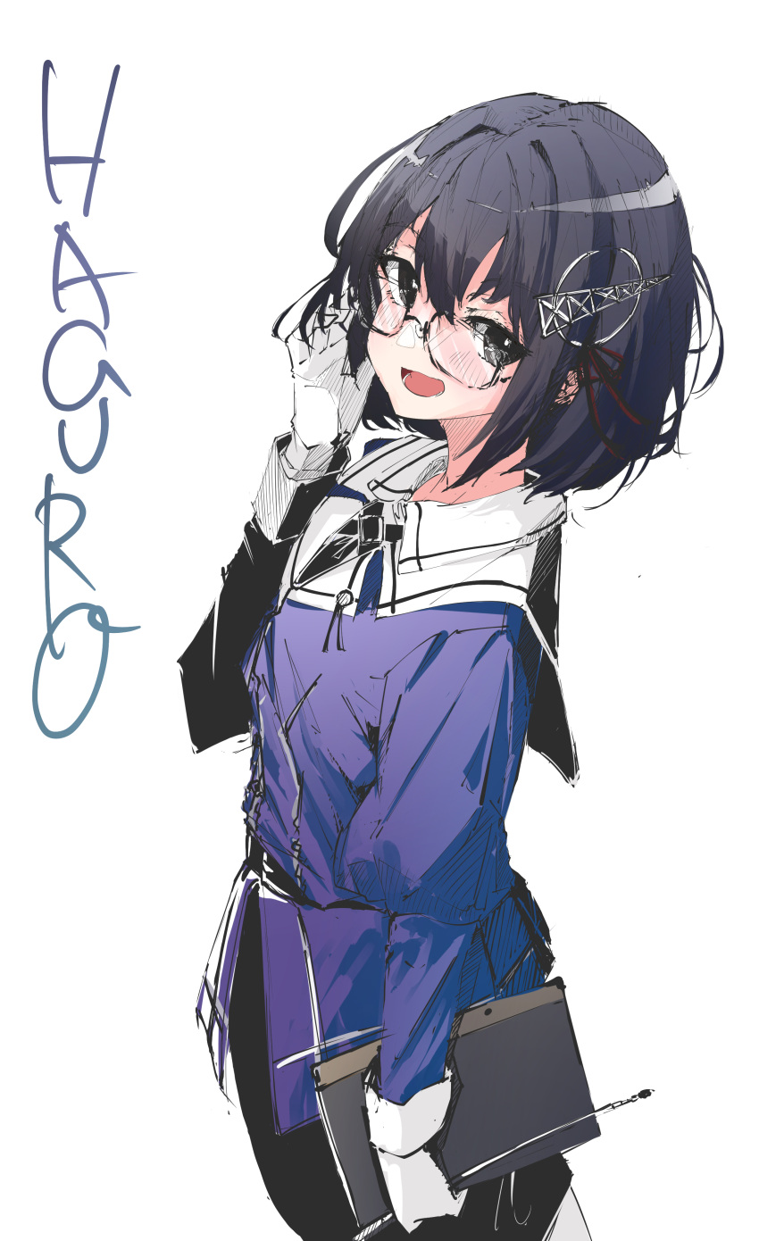 1girl absurdres bespectacled black_hair black_ribbon black_skirt bob_cut book brown_eyes character_name cowboy_shot glasses gloves haguro_(kancolle) haguro_kai_ni_(kancolle) hair_ornament hairclip highres jacket kantai_collection military_uniform neck_ribbon pencil_skirt pointer purple_jacket ribbon sailor_collar short_hair simple_background skirt solo uniform white_background white_gloves white_sailor_collar yamamori_oyatsu