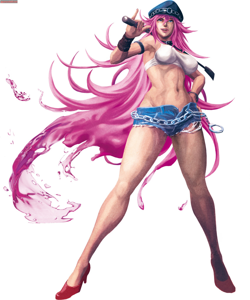 absurdres blue_eyes capcom choker cuffs cutoffs denim denim_shorts final_fight handcuffs hat high_heels highres lips long_hair midriff official_art peaked_cap pink_hair poison_(final_fight) shoes shorts smile solo street_fighter street_fighter_x_tekken tank_top