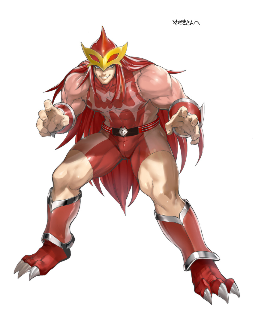 1boy bara belt blue_eyes bodysuit bulge facepaint fingernails full_body grin highres kinnikuman kinnikuman_nisei large_pectorals long_hair male_focus muscular muscular_male orushibu pectorals red_belt red_bodysuit red_footwear red_hood scarface_(kinnikuman) simple_background smile solo standing translation_request very_long_hair white_background