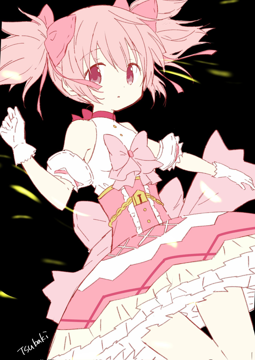 1girl back_bow bow bubble_skirt frills gloves hair_bow halterneck highres kaname_madoka magical_girl mahou_shoujo_madoka_magica pink_bow pink_eyes pink_hair pink_skirt short_twintails skirt solo tsubaki_(tatajd) twintails white_gloves