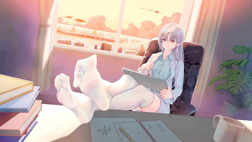 1girl aqua_shirt book breasts chair closed_mouth cloud cloudy_sky collared_shirt cup desk feet feet_on_table foot_focus foreshortening full_body grey_hair grey_jacket grey_skirt highres holding indoors jacket legs long_hair medium_breasts miniskirt mug no_shoes office_chair office_lady orange_eyes original plant potted_plant shirt sitting skirt sky soles solo spread_toes swivel_chair thighhighs toes wcks0774 white_thighhighs window