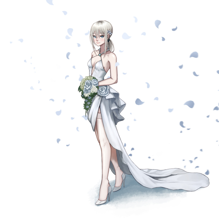 1girl absurdres alternate_costume an-94_(girls'_frontline) aqua_eyes bare_shoulders blonde_hair blush bouquet breasts closed_mouth collarbone crush_kim dress flower full_body girls'_frontline hair_flower hair_ornament high_heels highres holding holding_bouquet holding_flower legs lips long_hair looking_at_viewer petals ponytail sidelocks small_breasts smile solo standing thighhighs wedding wedding_dress white_background white_dress white_footwear white_thighhighs