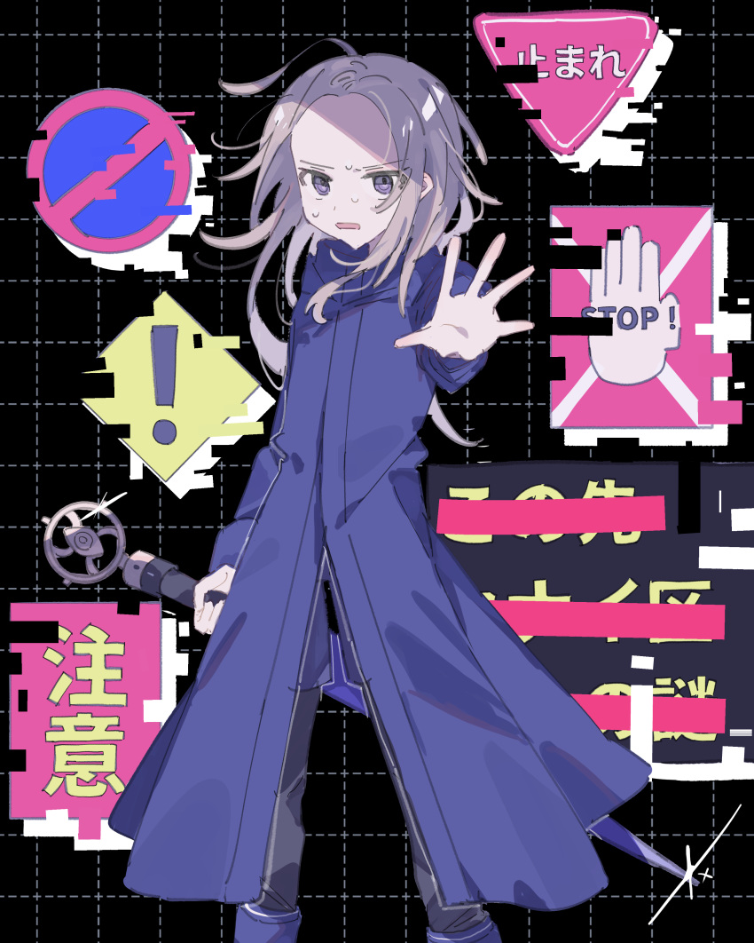 1boy absurdres ahoge black_background black_pants blonde_hair blue_coat blue_footwear censored_text coat commentary_request foreshortening glitch highres holding holding_sword holding_weapon hwr33m long_hair long_sleeves looking_at_viewer makoto_kagutsuchi male_focus master_detective_archives:_rain_code nervous_sweating open_hand open_mouth pants purple_eyes road_sign sign solo sparkle spoilers stop_sign sweat sword translation_request warning_sign weapon