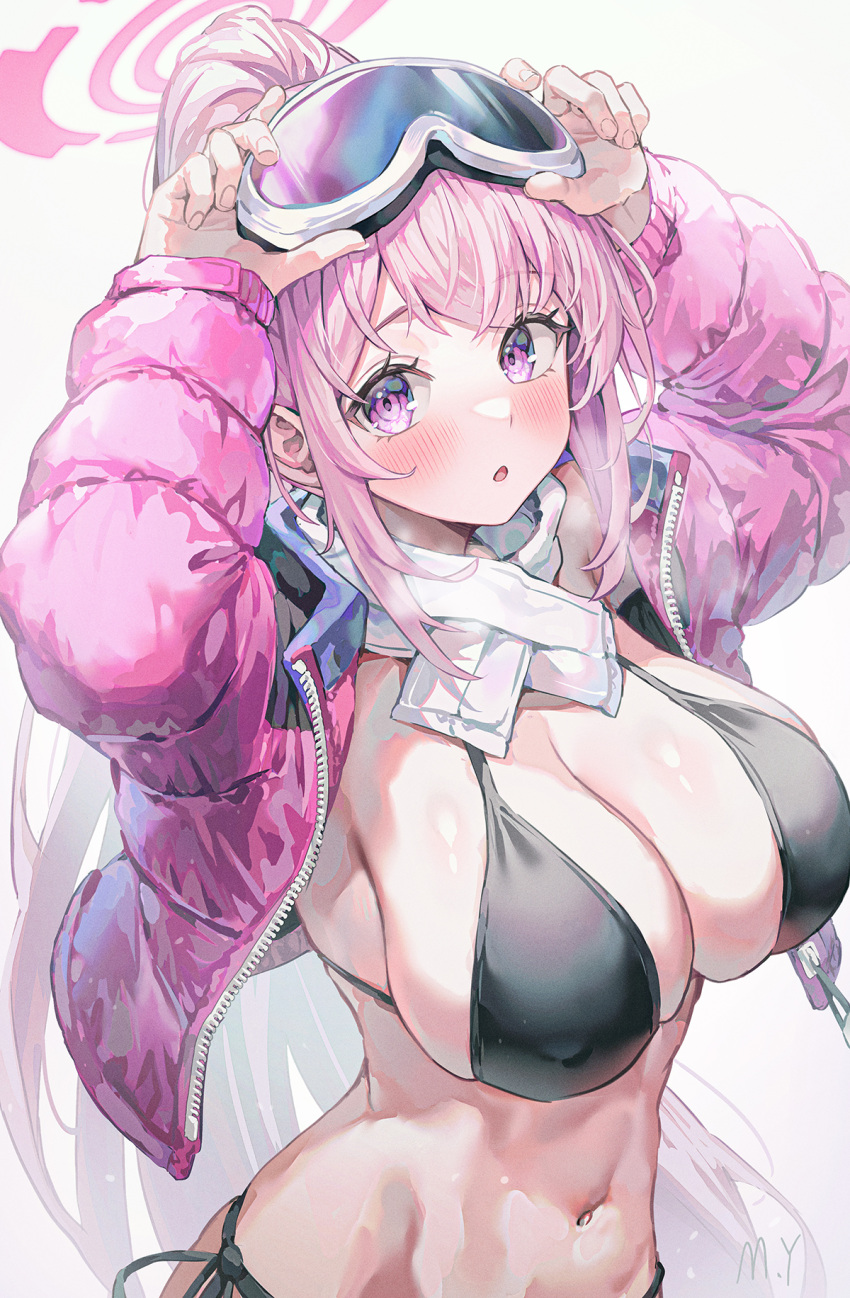 1girl :o arms_up bikini black_bikini blue_archive blush commentary eimi_(blue_archive) eimi_(swimsuit)_(blue_archive) goggles goggles_on_head highres jacket long_sleeves myung_yi navel open_clothes open_jacket parted_lips pink_eyes pink_hair pink_jacket ponytail revision scarf solo stomach swimsuit upper_body white_scarf