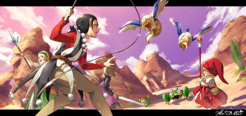 2boys 2girls belt black_shirt blue_bracelet braid brown_bag brown_belt brown_hair brown_pants cactus crab dated desert dragon_quest dragon_quest_xi dress green_headband headband hero_(dq11) highres holding holding_polearm holding_staff holding_sword holding_weapon holding_whip letterboxed light_particles long_sleeves monster multiple_boys multiple_girls open_mouth orushibu pants polearm puffy_short_sleeves puffy_sleeves purple_sky purple_tunic red_dress red_headwear red_shirt senya_(dq11) sheath shirt short_sleeves signature sky spear staff sword sylvia_(dq11) twin_braids veronica_(dq11) weapon white_shirt