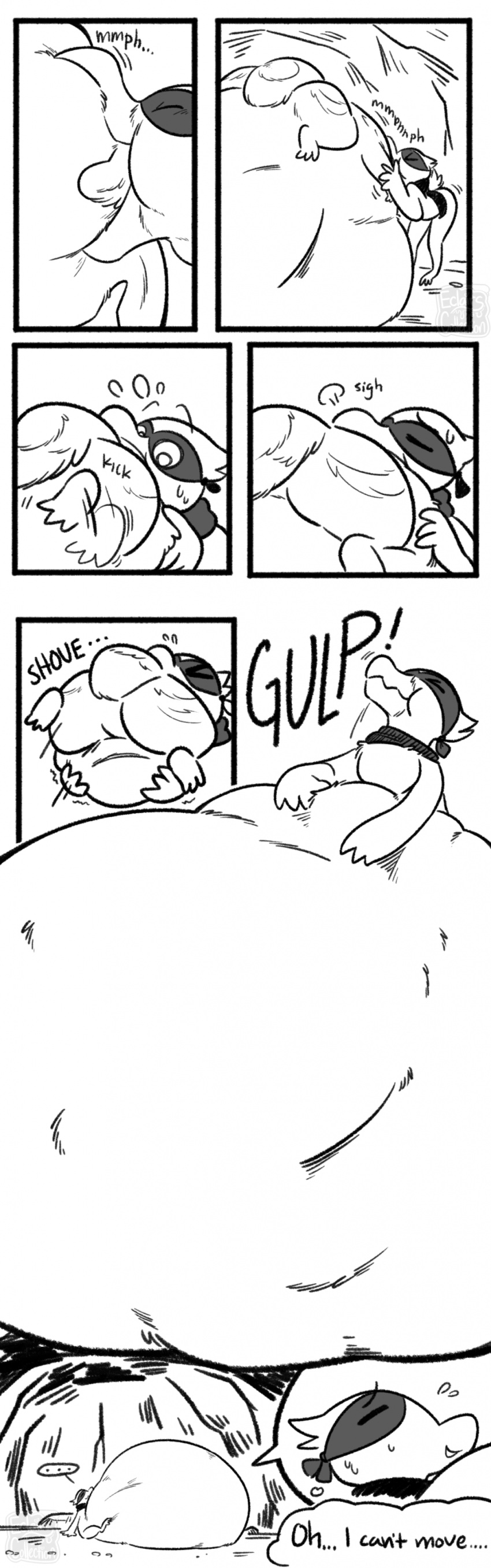 abdominal_bulge absurd_res ambiguous_gender anthro avian bird bodily_fluids canid canine cave comic dialogue duo eclairscollection eye_mask hi_res mammal oral_vore raccoon_dog scarf sigh sleeping smaller_pred soft_vore sound_effects speech_bubble swallowing swallowing_sound_effect sweat sweatdrop tanuki thought_bubble vore