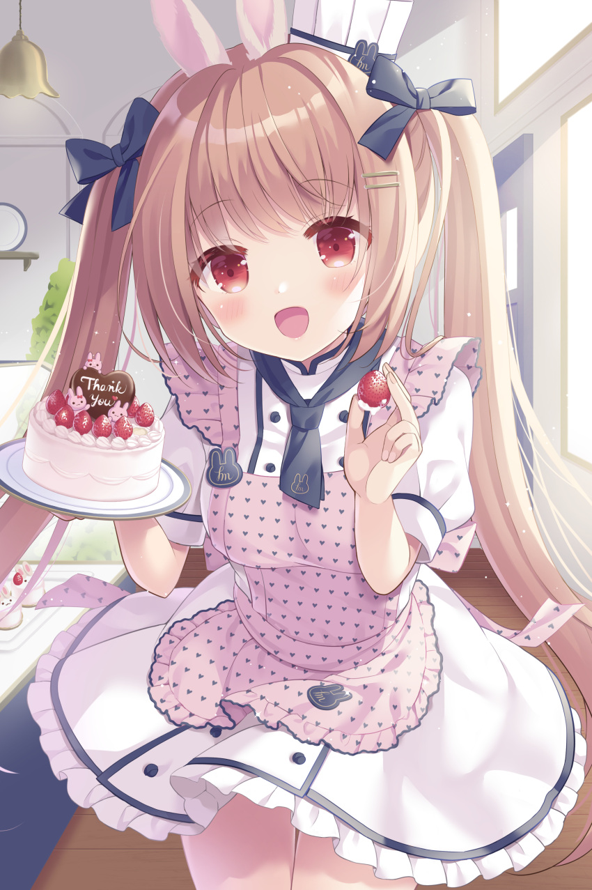 1girl :d absurdres animal_ears animal_print apron black_bow blush bow brown_hair cake colored_eyelashes commentary cowboy_shot food frilled_apron frilled_skirt frills fruit hair_between_eyes hair_bow hair_ornament hairclip hands_up happy heart heart_print highres holding holding_food holding_fruit holding_tray hoshimame_mana indoors long_hair looking_at_viewer mini_chef_hat open_mouth original pink_apron puffy_short_sleeves puffy_sleeves rabbit_ears rabbit_girl rabbit_print red_eyes shirt short_sleeves sidelighting skirt smile solo standing strawberry tray twintails very_long_hair white_shirt white_skirt