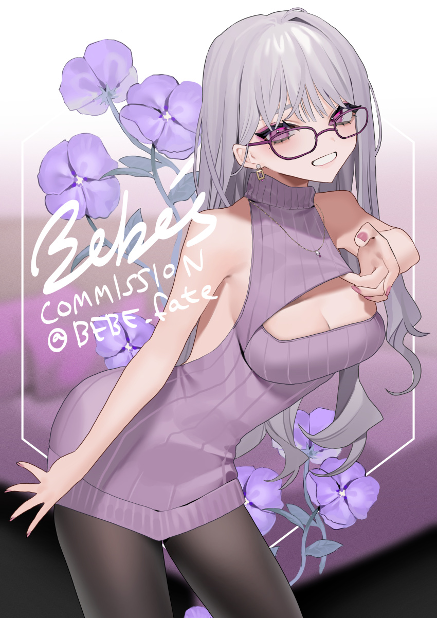 1girl absurdres bare_shoulders bebe_(bebe_pp) black_pantyhose breasts cleavage cleavage_cutout clothing_cutout commission earrings flower glasses grey_hair highres indie_virtual_youtuber jewelry long_hair mole mole_under_eye necklace open_mouth pantyhose purple-framed_eyewear purple_eyes purple_flower purple_nails ribbed_sweater signature skeb_commission sleeveless sleeveless_sweater solo sweater turtleneck turtleneck_sweater twitter_username virtual_youtuber yomi_tsumugiha