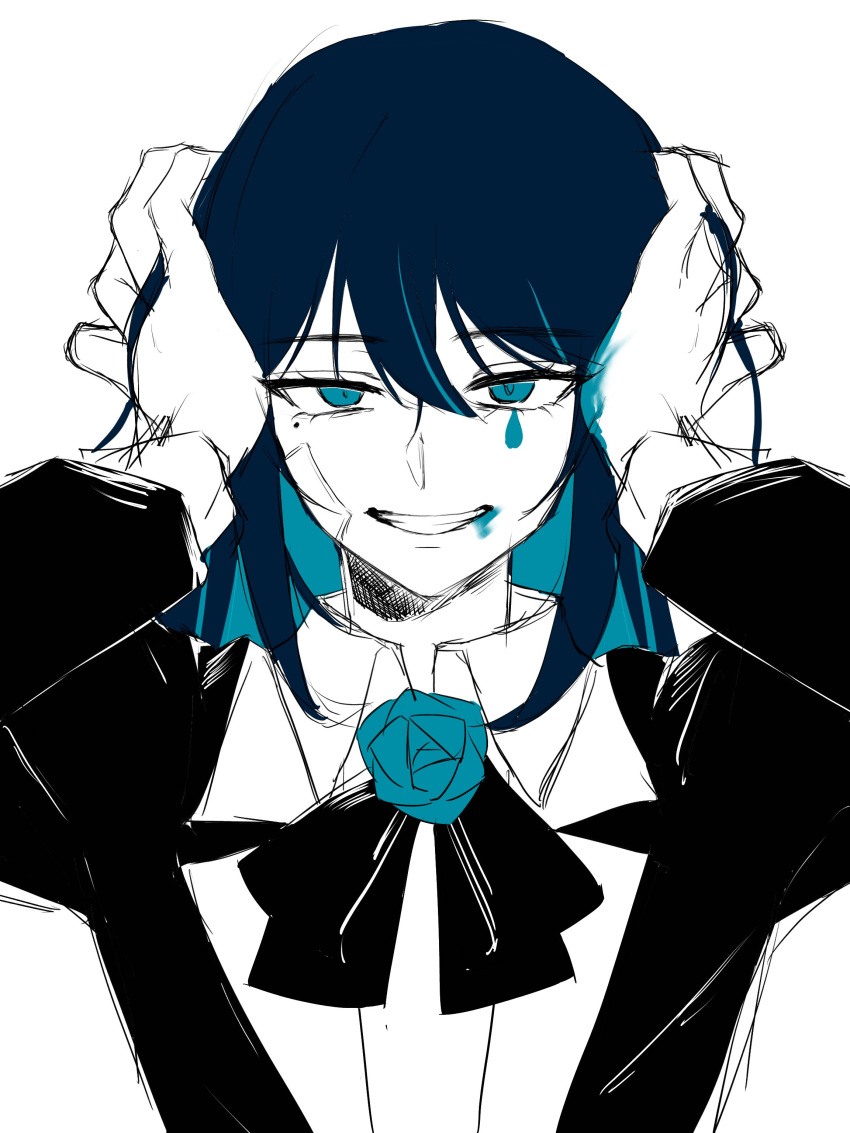 1girl absurdres ado_(utaite) bandaid bandaid_on_face black_bow black_bowtie blue_eyes blue_flower blue_hair blue_rose bow bowtie chando_(ado) clenched_teeth cloud_nine_inc collared_shirt colored_inner_hair commentary dress_shirt flower flower_brooch gloves hair_between_eyes hands_on_own_head highres limited_palette long_sleeves looking_at_viewer mole mole_under_eye multicolored_hair rose shirt simple_background solo teardrop_facial_mark teeth tsukuno_tsuki two-tone_hair utaite villain_(vocaloid) white_background white_gloves white_shirt