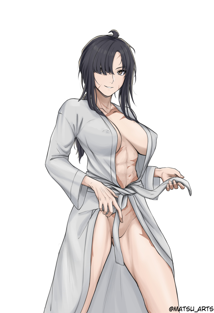 1girl absurdres angelia_(girls'_frontline) artist_name bathrobe black_hair breasts collarbone covered_nipples english_commentary feet_out_of_frame girls'_frontline grey_eyes hair_over_one_eye highres long_hair looking_at_viewer matsu_arts medium_breasts no_bra no_panties open_clothes open_mouth open_robe robe scar scar_on_face scar_on_leg scar_on_stomach smile solo standing twitter_username white_background white_bathrobe
