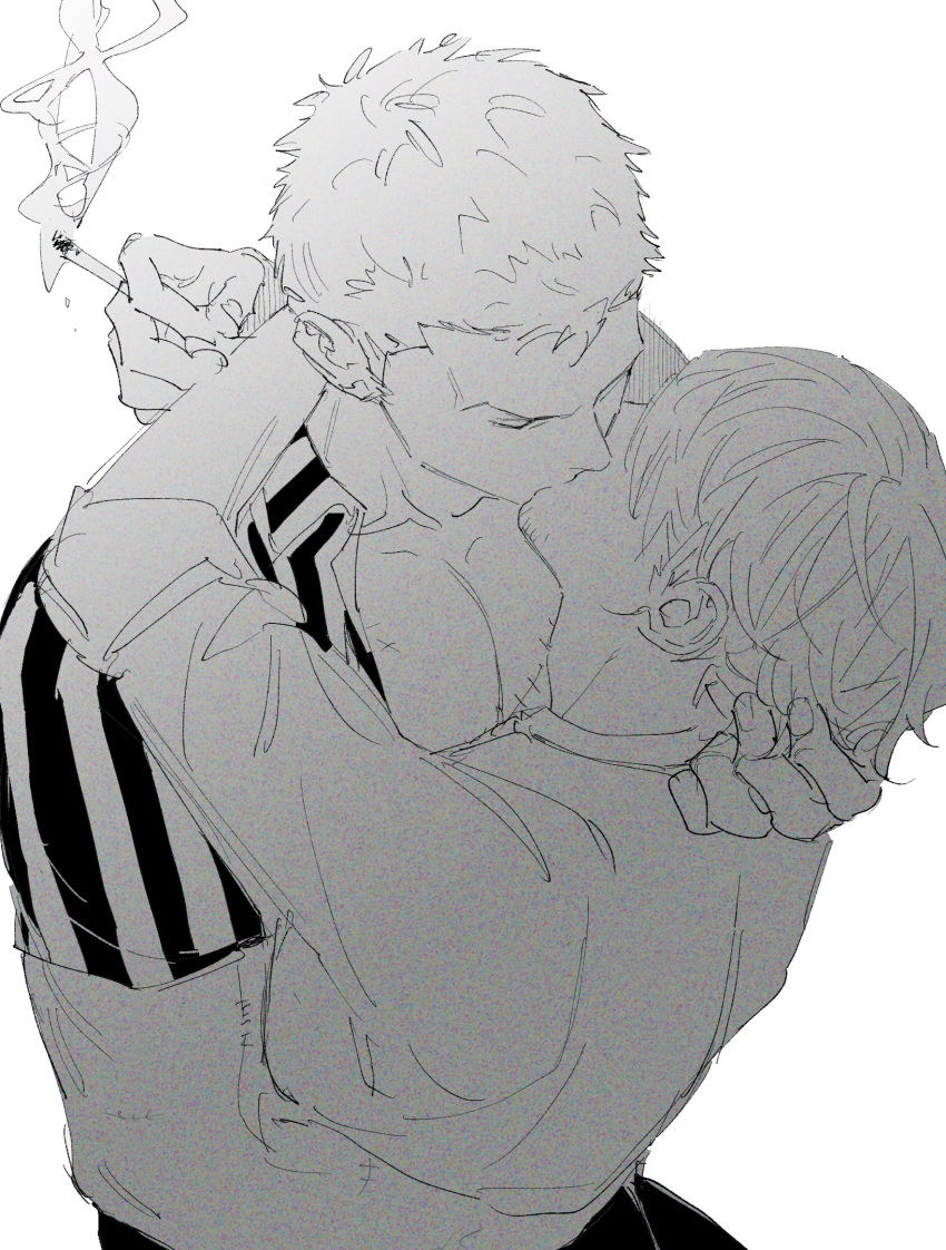 2boys beard cigarette closed_eyes facial_hair grabbing_another's_hair greyscale highres holding holding_cigarette hug kiss kzwtr8 male_focus mature_male monochrome multiple_boys one_piece pectoral_cleavage pectorals roronoa_zoro sanji_(one_piece) scar scar_on_chest shirt short_hair white_background yaoi