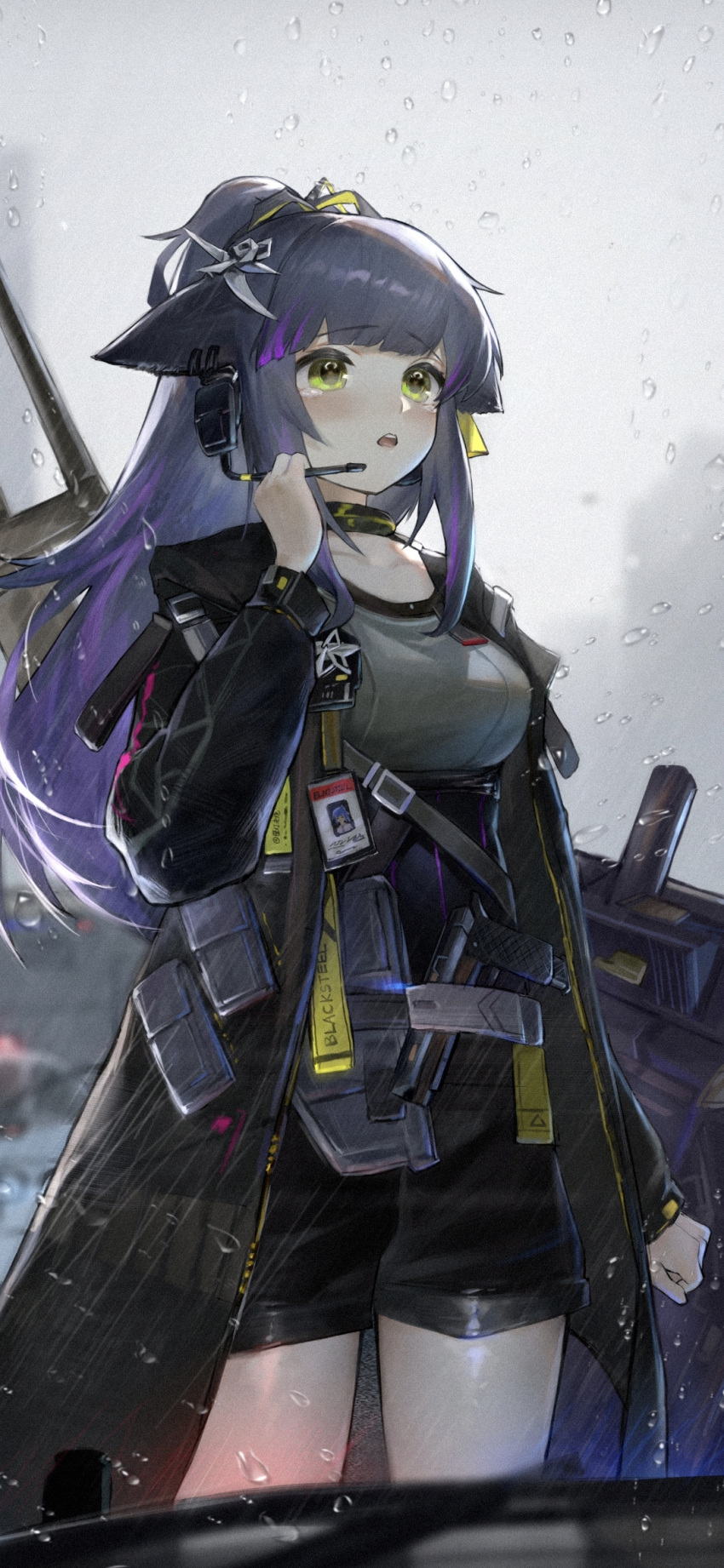 1girl ammunition_pouch animal_ear_fluff animal_ears arknights ballistic_shield belt belt_buckle belt_pouch black_belt black_choker black_coat black_hair black_hood black_pouch black_ribbon black_shorts blunt_bangs blurry blurry_background blurry_foreground breasts buckle cat_ears cat_girl choker clenched_hand coat collarbone colored_inner_hair cowboy_shot day earclip film_grain from_side green_eyes grey_shirt grey_sky gun hair_ornament hair_ribbon hand_up handgun headset high-waist_shorts high_ponytail highres holding holding_microphone holding_shield holster holstered hood hood_down hooded_coat id_card infection_monitor_(arknights) jessica_(arknights) jessica_the_liberated_(arknights) kulianrentizhong light_blush long_hair long_sleeves looking_afar looking_ahead medium_breasts microphone multicolored_hair official_alternate_costume open_clothes open_coat open_mouth outdoors ponytail pouch puffy_long_sleeves puffy_sleeves purple_hair rain ribbon sad shield shiny_clothes shiny_legwear shiny_skin shirt shorts shoulder_belt sidelocks sky sleeve_cuffs solo standing straight_hair strap streaked_hair tearing_up tears teeth thighs tongue two-tone_hair underbust upper_teeth_only very_long_hair water_drop weapon weapon_request wet wet_clothes wet_hair