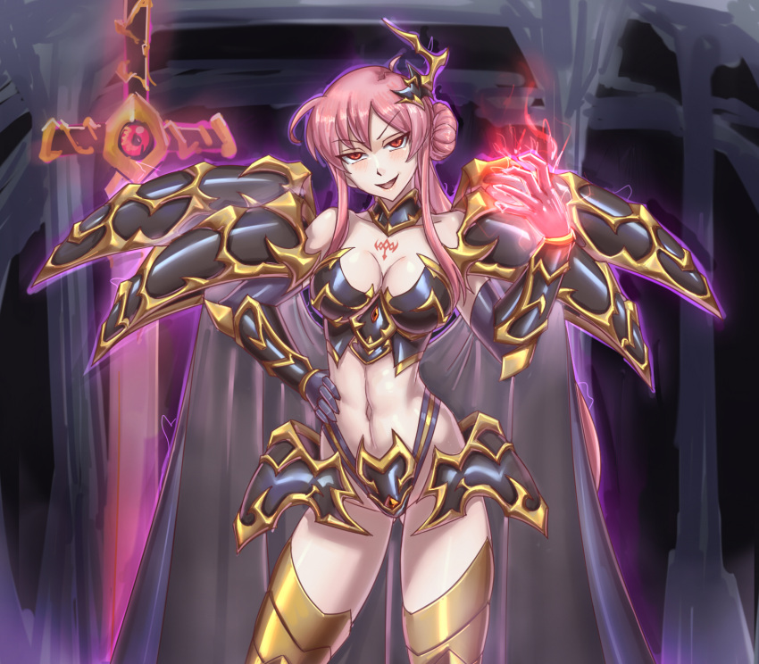 1girl almeda alternate_costume armor aura bozel_(langrisser) breasts cape cleavage corruption dark_persona elbow_gloves evil_smile gloves glowing glowing_hand glowing_sword glowing_weapon hair_bun highres langrisser langrisser_mobile leebigtree long_hair looking_at_viewer magic mark_of_bozel midriff pauldrons pink_hair ponytail possessed red_eyes shoulder_armor slit_pupils smile sword tattoo thighhighs thighs weapon