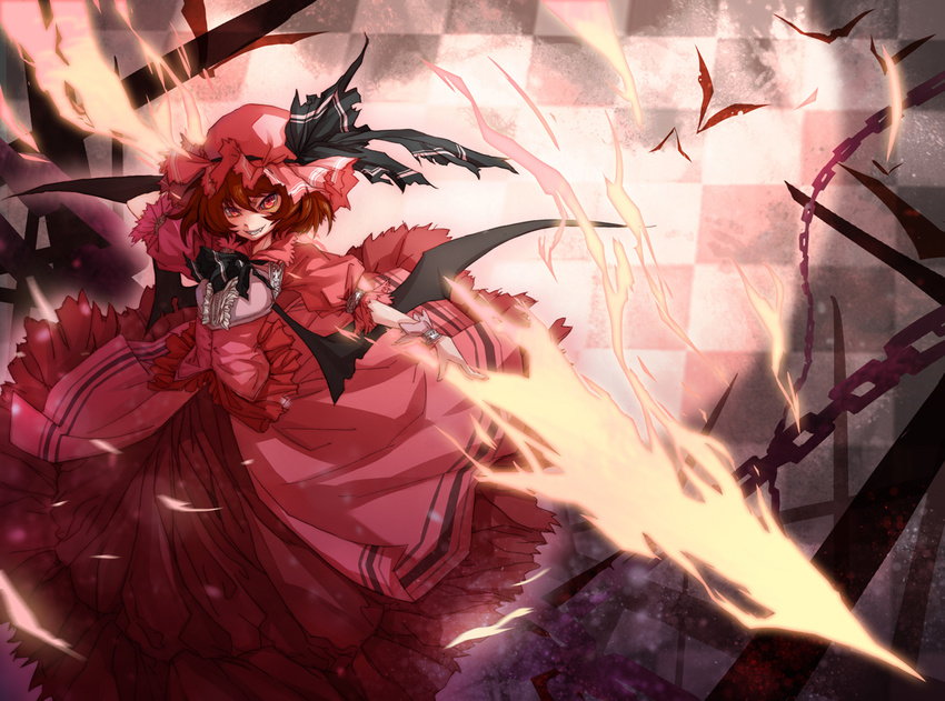 alternate_color bat_wings chain chaos1402 fang grin hat m.u.g.e.n red red_eyes red_hair remilia_scarlet short_hair skirt skirt_set smile solo spear_the_gungnir touhou wings wrist_cuffs