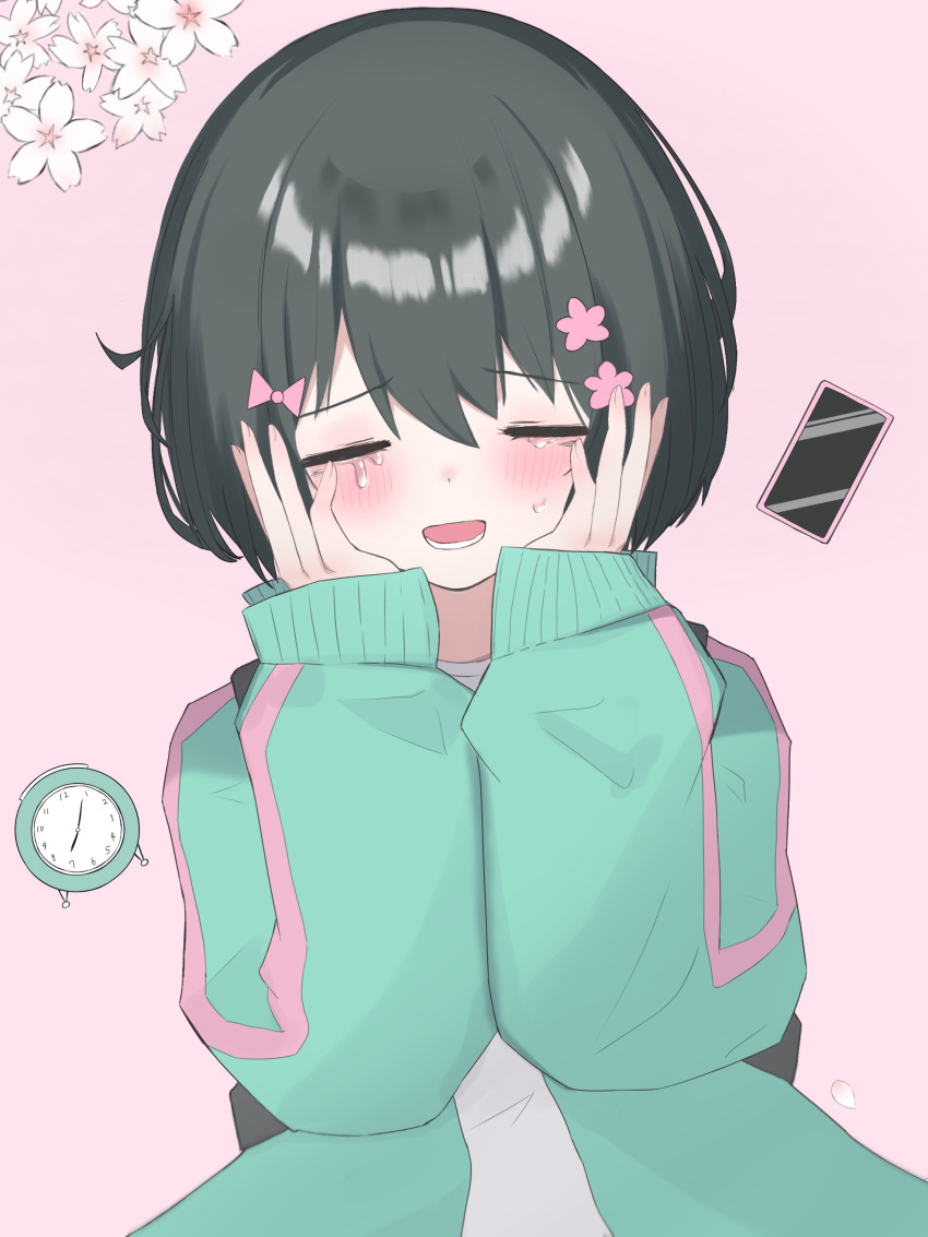 1girl absurdres aqua_jacket black_hair blush bow cellphone cevio clock closed_eyes false_smile flower hair_bow hair_flower hair_ornament hairpin hands_on_own_cheeks hands_on_own_face highres jacket kurari-chan kyu-kurarin_(cevio) multiple_hairpins open_mouth phone pink_background shirt short_hair smartphone smile tears track_jacket white_shirt yuu_(yuu1601)