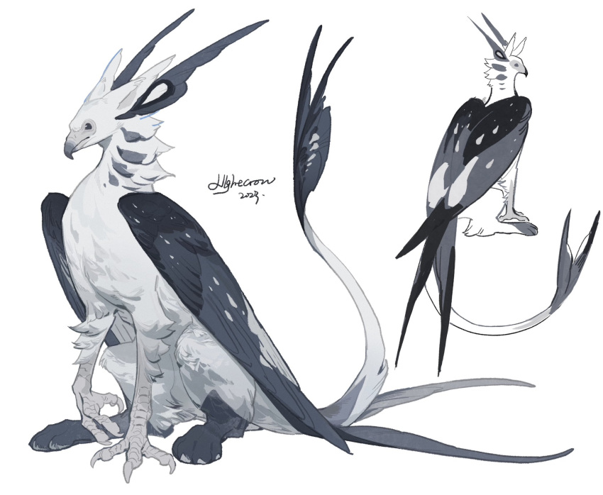 animal_focus artist_name beak bird_wings black_eyes claws creature feathered_wings from_side full_body griffin highres multiple_views nightcrow no_humans original signature simple_background sitting tail tail_raised talons white_background wings