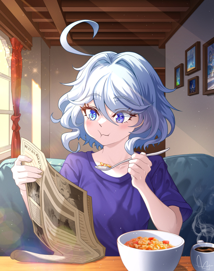 1girl absurdres ahoge blue_eyes blue_hair bowl breakfast coffee curtains dasoin drop-shaped_pupils eating english_commentary furina_(genshin_impact) genshin_impact hair_between_eyes heterochromia highres holding holding_newspaper holding_spoon indoors light_blue_hair mixed-language_commentary multicolored_hair newspaper picture_frame purple_shirt shirt short_sleeves sidelighting signature sitting solo spoon white_hair window