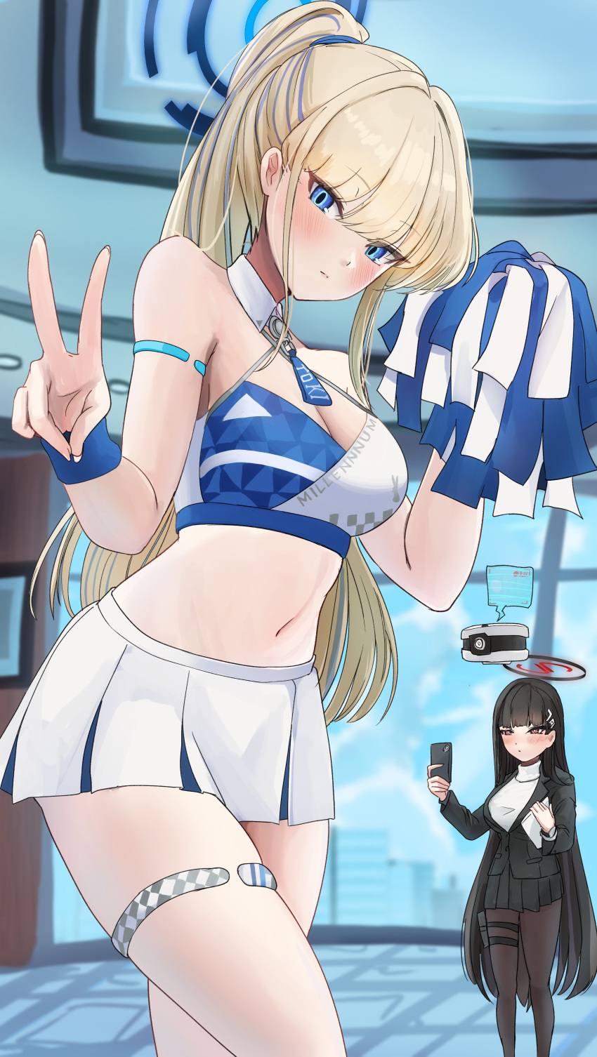 2girls absurdres bare_shoulders black_hair blonde_hair blue_archive blue_eyes blush breasts cafenami cellphone cheerleader cleavage commentary_request crop_top detached_collar expressionless halo hands_up high_ponytail highres holding holding_phone holding_pom_poms looking_at_viewer medium_breasts midriff millennium_cheerleader_outfit_(blue_archive) miniskirt multiple_girls navel pantyhose phone pom_pom_(cheerleading) red_eyes rio_(blue_archive) skirt smartphone solo_focus standing stomach taking_picture thigh_strap toki_(blue_archive) v white_skirt