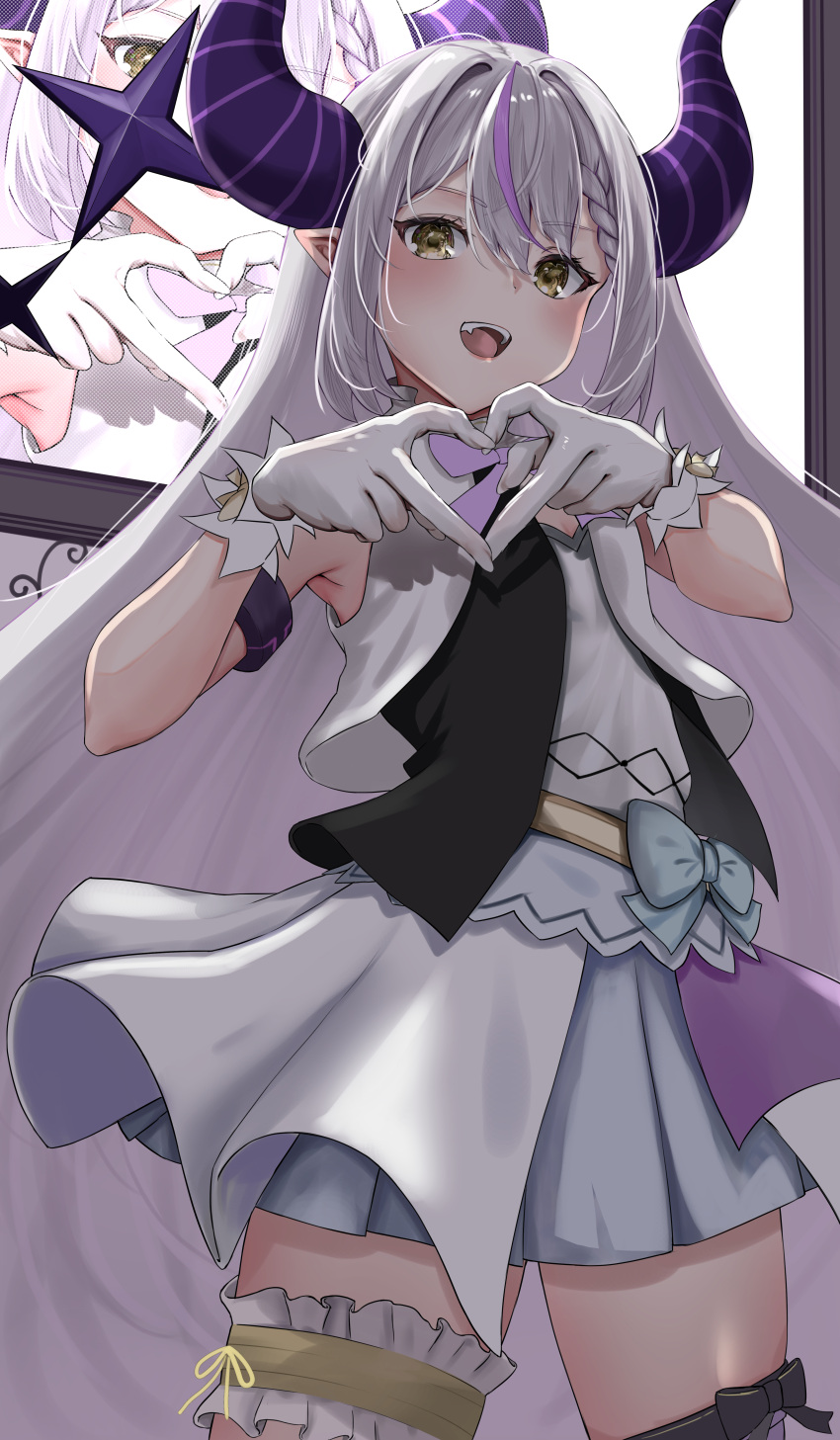1girl absurdres blonde_hair braid braided_bangs breasts demon_horns grey_hair heart heart_hands highres hololive hololive_idol_uniform horns kamisaka_shyou la+_darknesss long_hair looking_at_viewer multicolored_hair official_alternate_costume open_mouth pointy_ears purple_hair shirt single_braid skirt small_breasts smile solo streaked_hair tail teeth upper_teeth_only very_long_hair vest virtual_youtuber white_shirt white_skirt white_vest yellow_eyes
