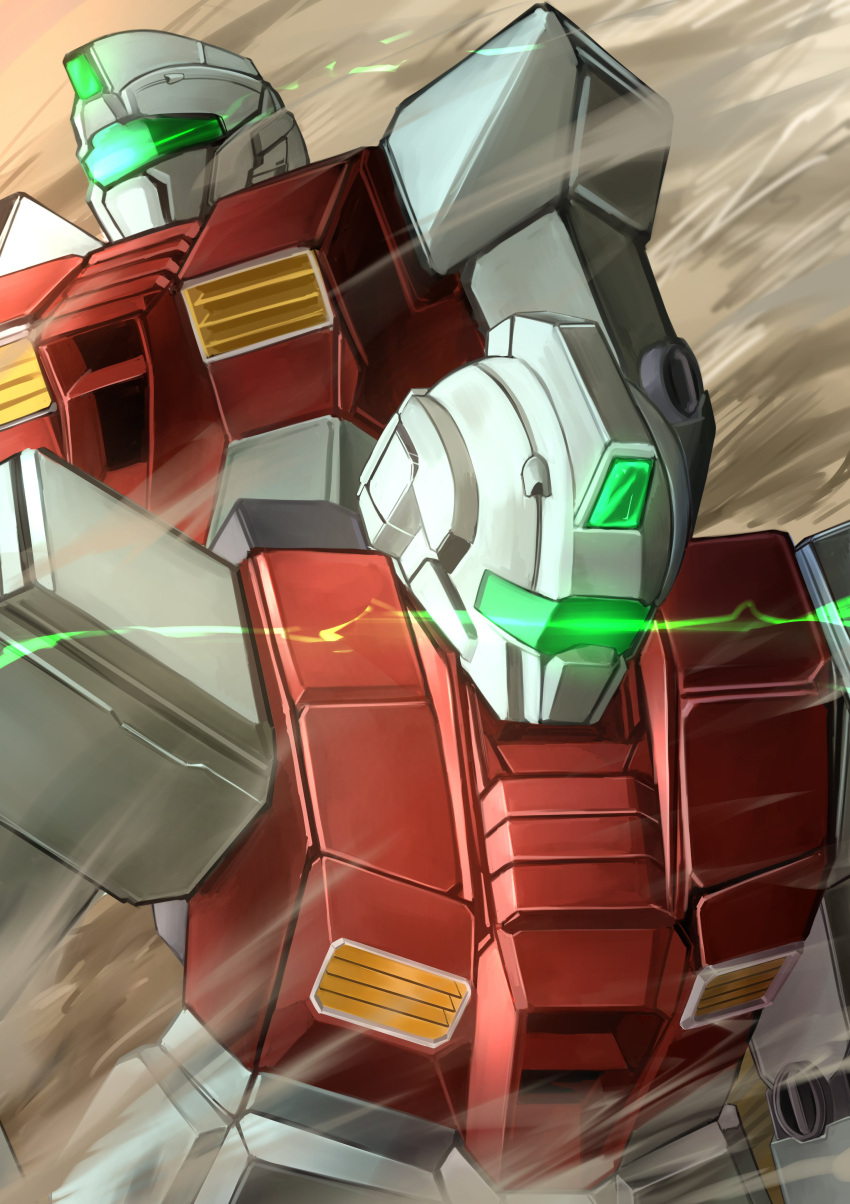 absurdres chestnutj37 dust dust_cloud earth_federation glowing gm_(mobile_suit) ground_gm gundam gundam_08th_ms_team highres lens_flare mecha mobile_suit mobile_suit_gundam no_humans robot science_fiction wind