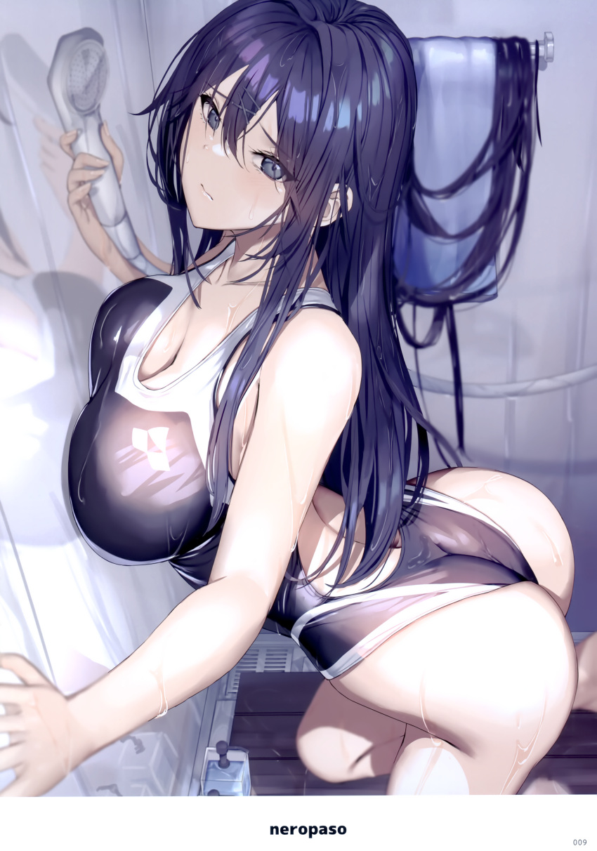 1girl absurdres artist_name ass bare_shoulders blue_hair breast_press breasts closed_mouth fingernails grey_eyes hair_ornament highleg highleg_swimsuit highres holding large_breasts long_hair looking_at_viewer melonbooks neropaso one-piece_swimsuit page_number pale_skin reflection scan shiny_clothes shower_(place) shower_head simple_background solo swimsuit thighs water water_drop wet x_hair_ornament