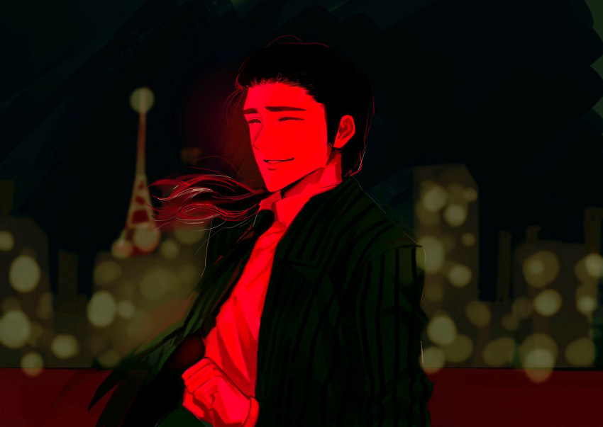 1boy black_sky blurry bokeh city_lights closed_eyes collared_shirt colored_skin commentary depth_of_field gin_to_kin green_jacket grin hair_slicked_back highres jacket limited_palette long_hair low_ponytail male_focus morita_tetsuo night ninjin open_clothes open_jacket red_shirt red_skin shirt sky smile solo striped striped_jacket tokyo_tower upper_body vertical-striped_jacket vertical_stripes