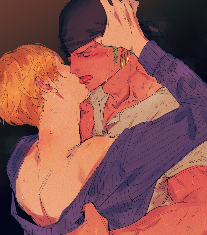 2boys bandana beard black_background black_bandana blonde_hair closed_eyes clothes_lift colored_skin earrings facial_hair flustered french_kiss grabbing_another's_chin green_hair hand_on_another's_chin highres jewelry kiss kzwtr8 male_focus mature_male multiple_boys one_piece roronoa_zoro sanji_(one_piece) shirt shirt_lift short_hair simple_background single_earring sweat tan teeth tongue tongue_out white_shirt white_skin yaoi