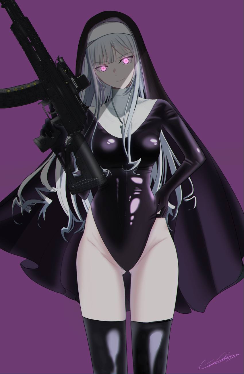 1girl absurdres ak-12 ak-12_(girls'_frontline) artificial_eyes artist_name assault_rifle black_leotard black_thighhighs blue_archive breasts closed_mouth cosplay cross cross_necklace expressionless feet_out_of_frame gincho girls'_frontline glowing glowing_eyes grey_hair gun hand_on_own_hip highres holding holding_gun holding_weapon jewelry justina_follower_(blue_archive) justina_follower_(blue_archive)_(cosplay) kalashnikov_rifle leotard lips long_hair long_sleeves looking_at_viewer medium_breasts necklace nun purple_background purple_eyes rifle sidelocks solo standing thighhighs thighs weapon