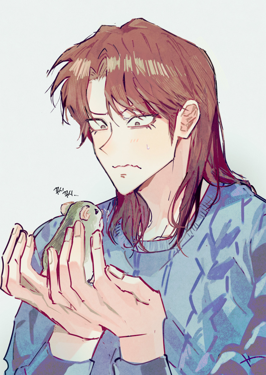 1boy absurdres animal blue_sweater brown_hair cable_knit closed_mouth fingernails grey_background grey_eyes hamster highres holding holding_animal ichijou_seiya joukyou_seikatsuroku_ichijou kaiji korean_text long_hair looking_at_animal male_focus medium_bangs ninjin parted_bangs simple_background solo sweater upper_body wavy_mouth