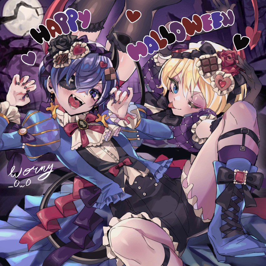 2boys absurdres alois_trancy black_nails blonde_hair blue_eyes blue_footwear blue_hair boots bow child chocolate ciel_phantomhive demon_horns demon_tail eyepatch fangs flower hairband halloween heart highres horns kuroshitsuji multiple_boys nail_polish one_eye_closed open_mouth otoko_no_ko paw_pose red_bow short_hair spread_legs tail tongue tongue_out wormy_owo