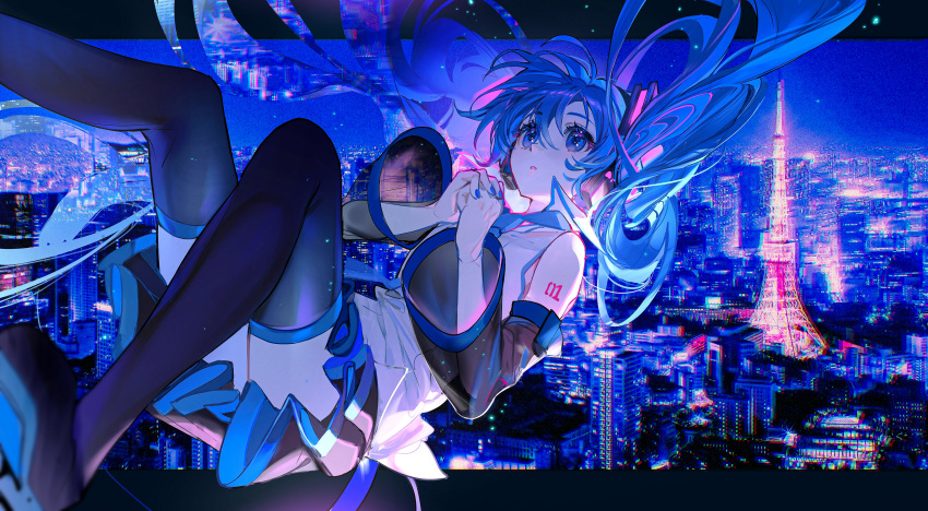 1girl absurdly_long_hair absurdres black_border black_skirt black_sleeves blue_eyes blue_hair blue_nails blue_theme border building chromatic_aberration city city_lights cityscape collared_shirt commentary_request detached_sleeves falling floating_hair hair_between_eyes hair_ornament hatsune_miku headphones headset highres lace-trimmed_shirt lace_trim light long_hair looking_up nail_polish night night_sky open_mouth outdoors outside_border own_hands_together pleated_skirt rumoon shirt sidelocks skirt sky solo tattoo teikoku_shoujo_(vocaloid) tokyo_(city) tokyo_tower twintails very_long_hair vocaloid white_shirt