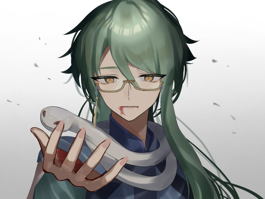 1boy baizhu_(genshin_impact) blood blood_from_mouth brown_eyes commentary genshin_impact glasses green_hair grey_background hair_between_eyes highres long_hair looking_at_viewer male_focus parted_lips portrait semi-rimless_eyewear sidelocks simple_background slit_pupils snake solo tsukuno_tsuki under-rim_eyewear