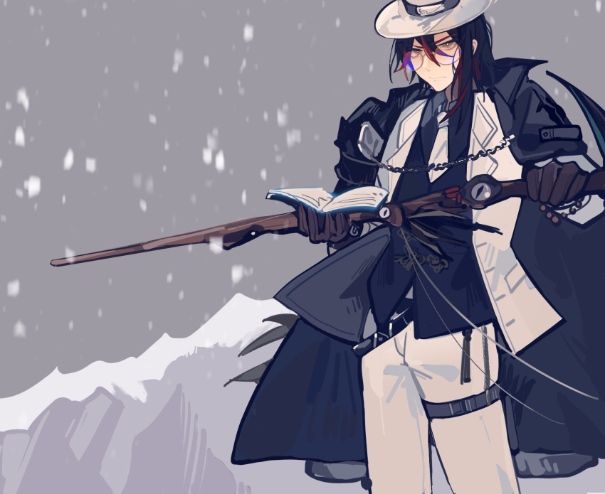 1boy anniao4 arknights black_coat black_gloves black_hair book brown_eyes chinese_commentary coat coat_on_shoulders commentary_request cowboy_shot formal glasses gloves gnosis_(arknights) gnosis_(elite_ii)_(arknights) grey_sky hat highres holding holding_book holding_staff jacket looking_at_viewer male_focus mountainous_horizon multicolored_hair necktie open_book pants red_hair short_hair sky snowing solo staff streaked_hair suit thigh_strap white_headwear white_jacket white_necktie white_pants white_suit