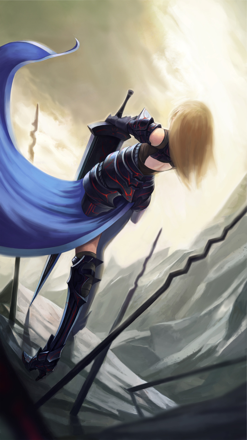 adapted_costume armor armored_dress artoria_pendragon_(all) blonde_hair boots dark_excalibur fate/stay_night fate_(series) from_behind gauntlets greaves hair_down hands_on_hilt high_heels highres kote_(tures) long_hair planted_sword planted_weapon saber_alter shoes solo sword thigh_boots thighhighs weapon