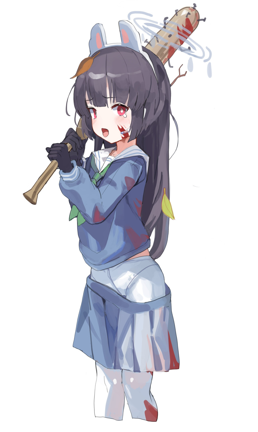 1girl absurdres baseball_bat black_gloves black_hair blue_archive cropped_legs feet_out_of_frame ggab0621 gloves grey_halo halo highres holding holding_baseball_bat long_hair long_sleeves looking_at_viewer miyu_(blue_archive) open_mouth red_eyes simple_background solo tagme tongue tongue_out white_background