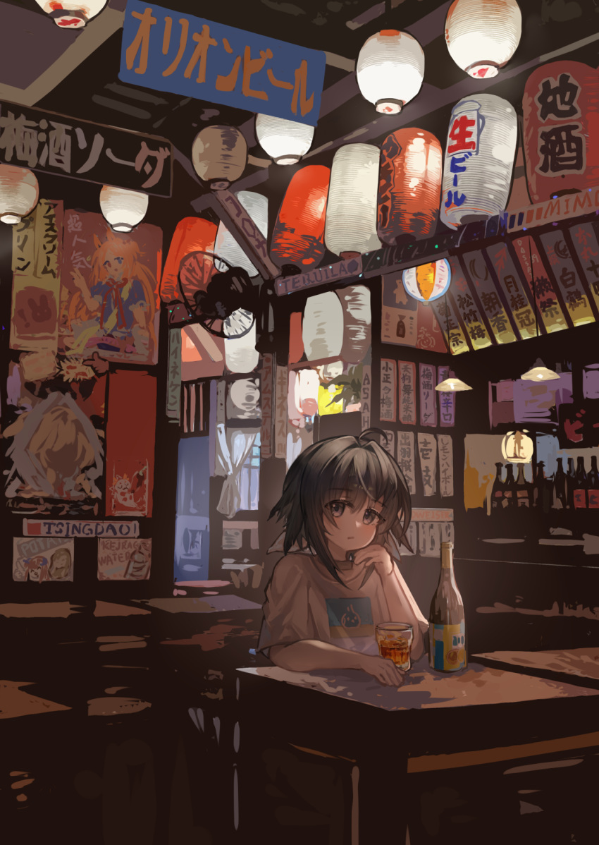 1girl ahoge archetto_(arknights) archetto_(publicity_strategy)_(arknights) arknights bagpipe_(arknights) black_eyes black_hair bottle curtains electric_fan fumi_(fyvr2372) glass highres la_pluma_(arknights) lantern restaurant shirt short_sleeves sideways_glance sitting solo table viviana_(arknights) white_shirt