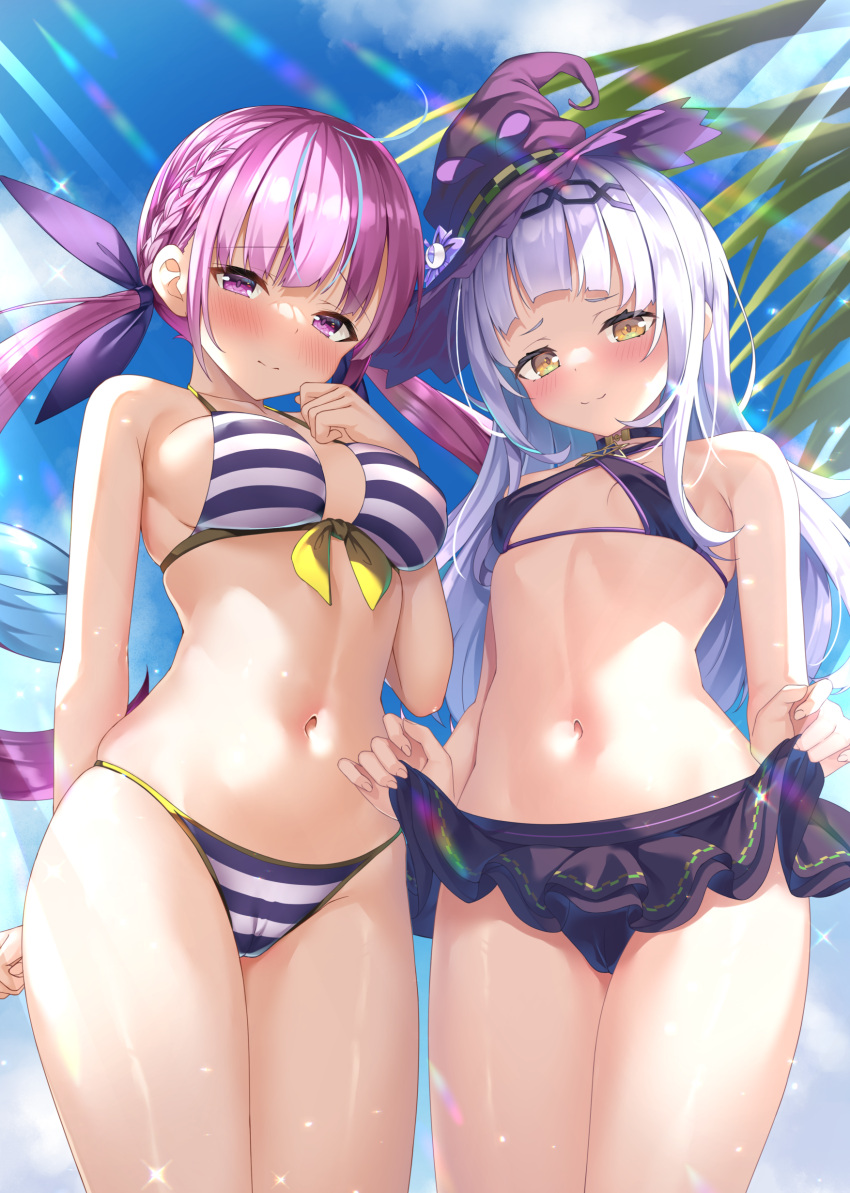 2girls absurdres ahoge bikini bikini_skirt black_bikini blue_hair blunt_bangs blush braid breasts closed_mouth colored_inner_hair commentary_request french_braid from_below grey_hair hair_ribbon hairband hat highres hololive long_hair medium_breasts minato_aqua multicolored_hair multiple_girls murasaki_shion navel paid_reward_available purple_bikini purple_eyes purple_hair purple_headwear purple_ribbon ribbon shimo_(shimo332215) short_eyebrows sidelocks small_breasts smile sparkle standing streaked_hair striped striped_bikini swimsuit thighs twin_braids twintails two-tone_hair virtual_youtuber witch_hat yellow_eyes