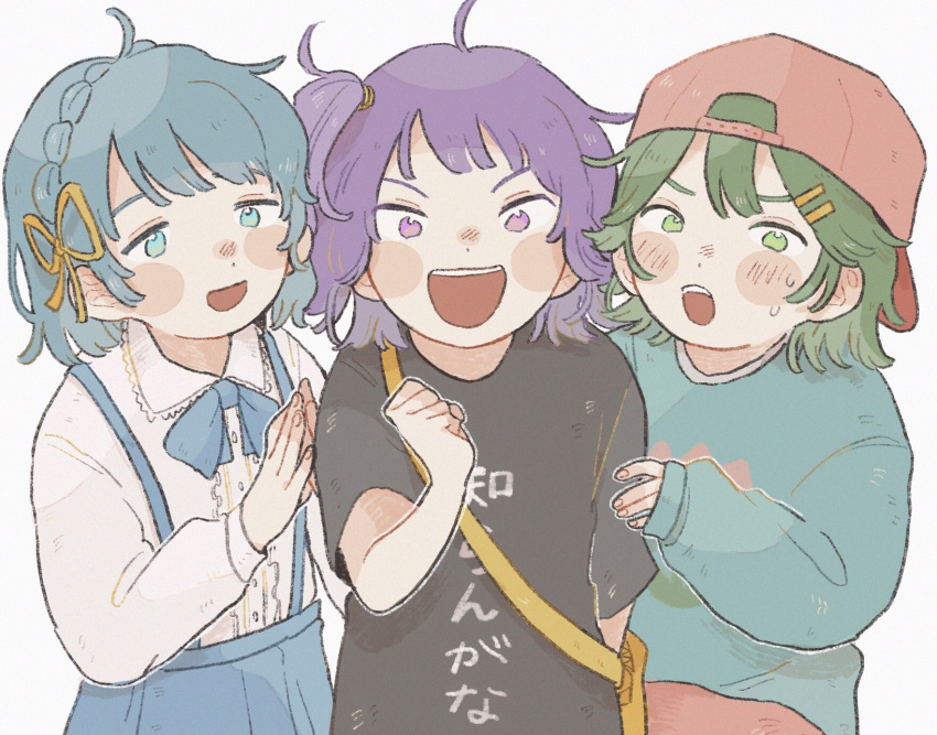 3girls amano_yae backwards_hat bag blue_eyes blue_hair blue_skirt blue_sweater blush_stickers braid center_frills clenched_hand collared_shirt commentary_request crown_braid dosukoi!_(napoli_no_otokotachi) floral_print frills green_eyes green_hair hair_ornament hair_ribbon hairclip hat hiding hiding_behind_another highres komachi_(koma_106) long_sleeves looking_at_viewer medium_hair multiple_girls napoli_no_otokotachi one_side_up outline own_hands_together pink_headwear print_shirt purple_eyes purple_hair ribbon shirt shoulder_bag shuujou_mana simple_background skirt steepled_fingers suspender_skirt suspenders sweat sweater text_print urisaki_ran v-shaped_eyebrows white_background white_outline white_shirt yellow_bag yellow_ribbon