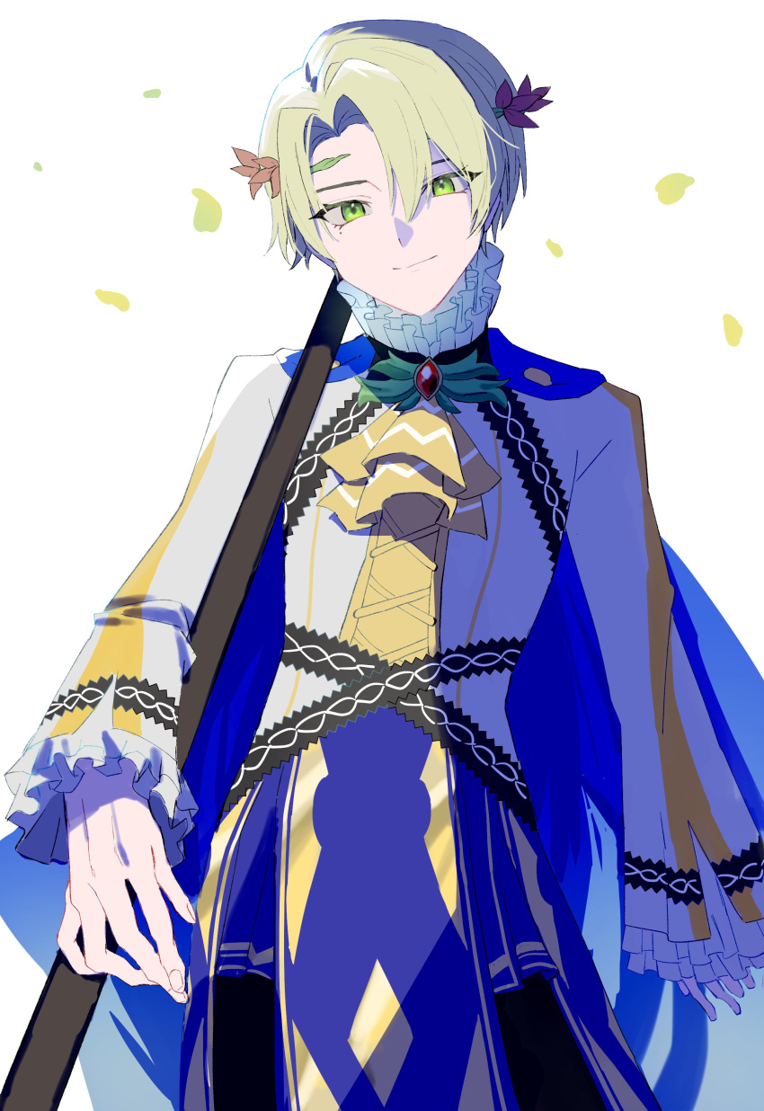 1boy absurdres alfred_(fire_emblem) ascot blonde_hair blue_cape cape circlet closed_mouth collar fire_emblem fire_emblem_engage frilled_collar frilled_sleeves frills green_eyes hair_ornament highres long_sleeves looking_at_viewer male_focus rotsugame short_hair solo white_background yellow_ascot